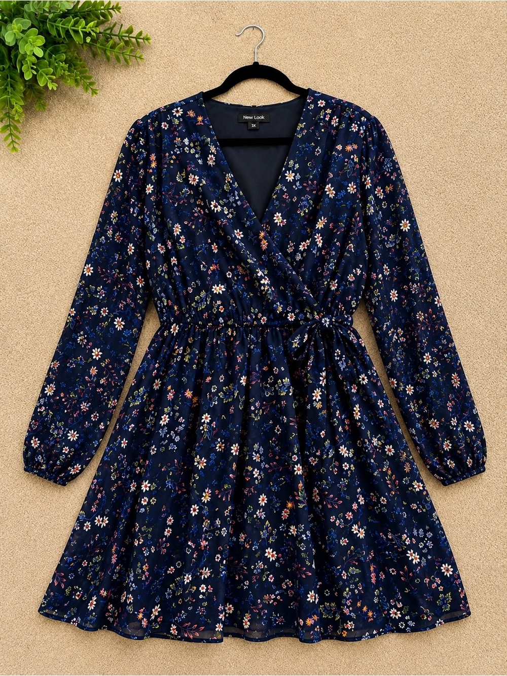 New Look Navy Floral Wrap-Style Long Sleeve Dress